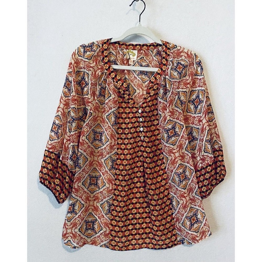 Anthropologie Fig and Flower Top Womens Medium Red Medallion Print Peasant Boho